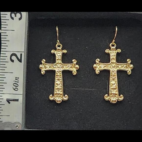 Raphael Gold Tone Cross Dangle Earrings – Women’s Faith Jewelry - Picture 2 of 5